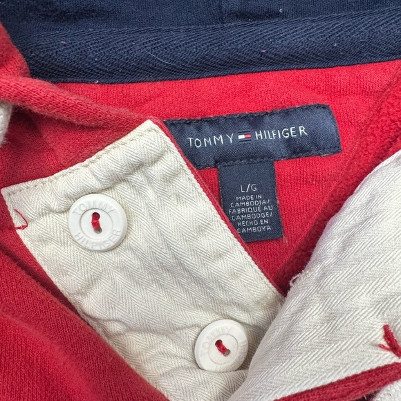 Y2K Tommy Hilfiger Rugby Red and Navy Men's Hoodie Size Large - Picture 2 of 5